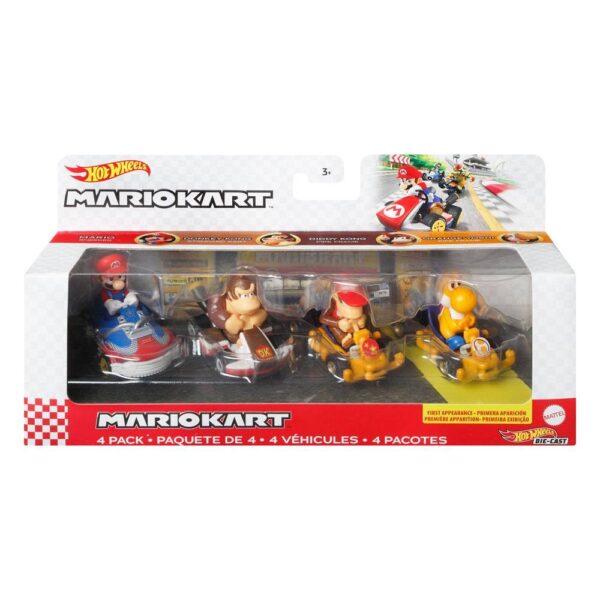 Pack de 4 Vehículos Hot Wheels 1/64 Mario, Donkey Kong, Diddy Kong, Orange Yoshi Mario Kart