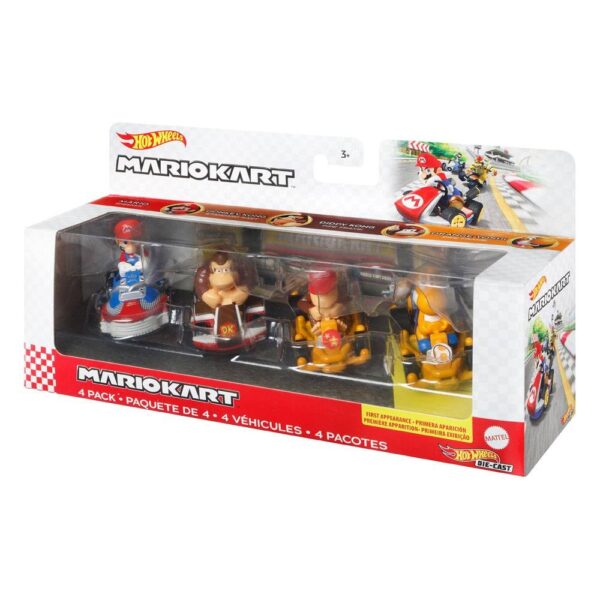 Pack de 4 Vehículos Hot Wheels 1/64 Mario, Donkey Kong, Diddy Kong, Orange Yoshi Mario Kart